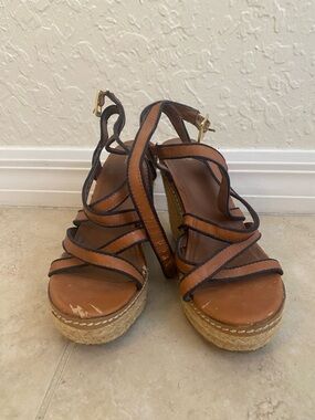 Women's Brown Leather Espadrille Platform Sandals